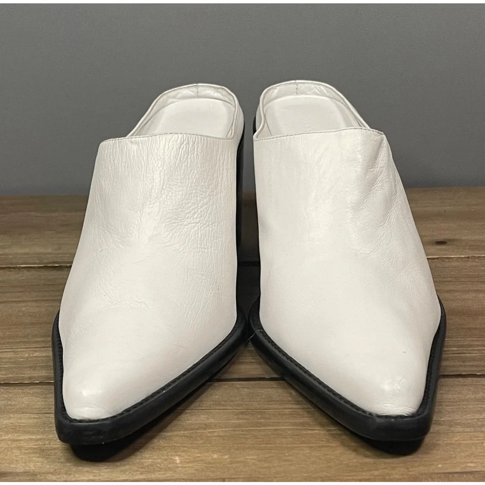 BY FAR Women's Block Heel Mule Clog Size 39 White Nappa Leather Pointed Toe - Picture 3 of 16